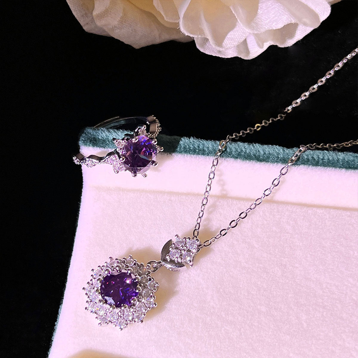 Amethyst Rings Pendants Stud Earrings Three-piece Set