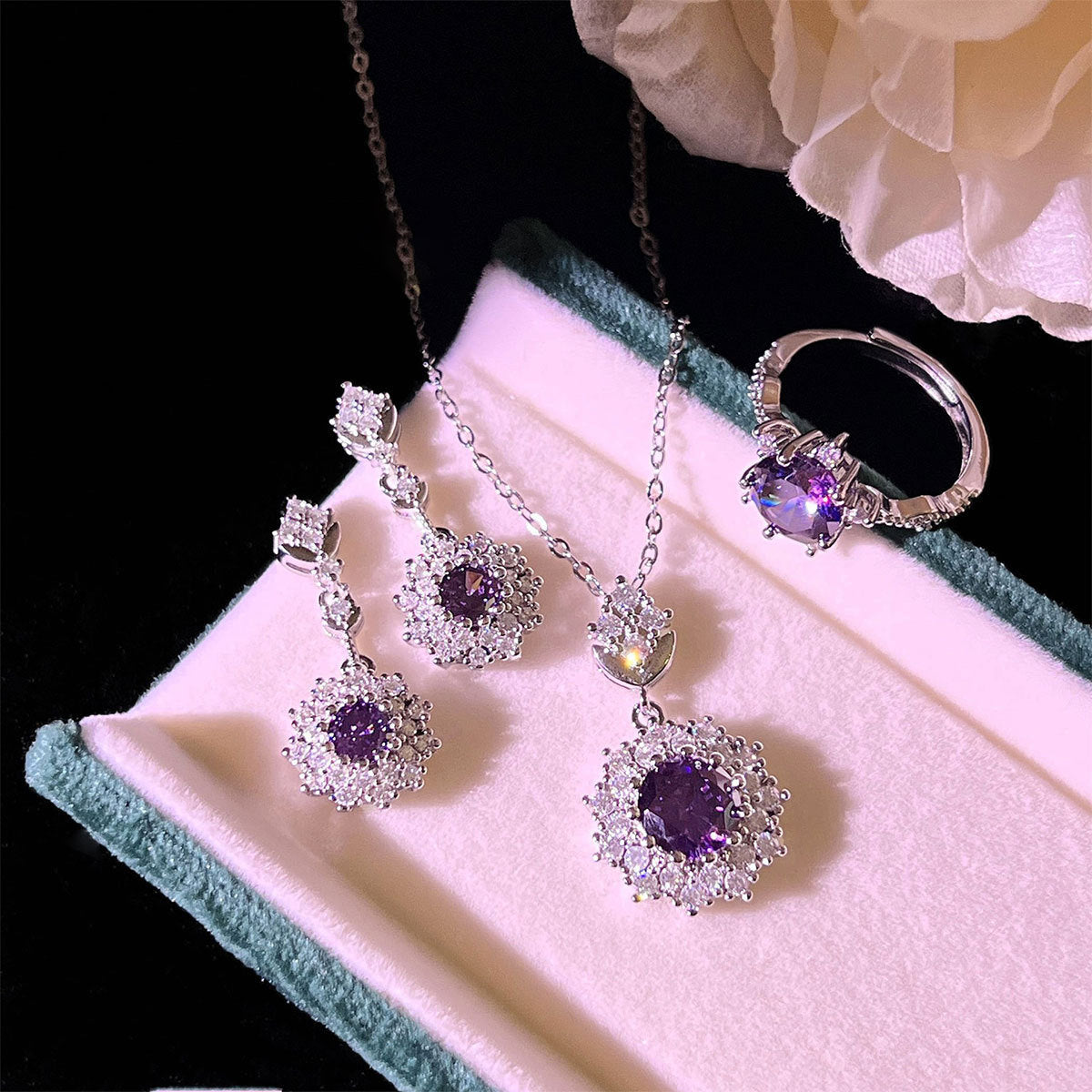 Amethyst Rings Pendants Stud Earrings Three-piece Set