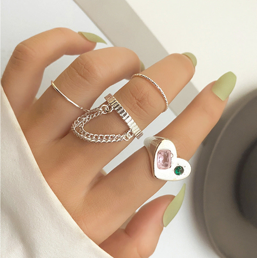Light Luxury High-grade Love Heart-shaped Ring Suit Niche Personality Color Design